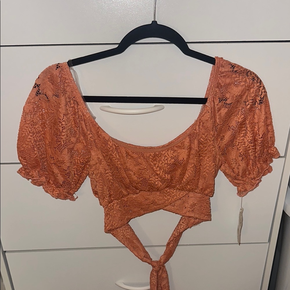 Altar’d State Women's Orange Lace Tie-Back Top